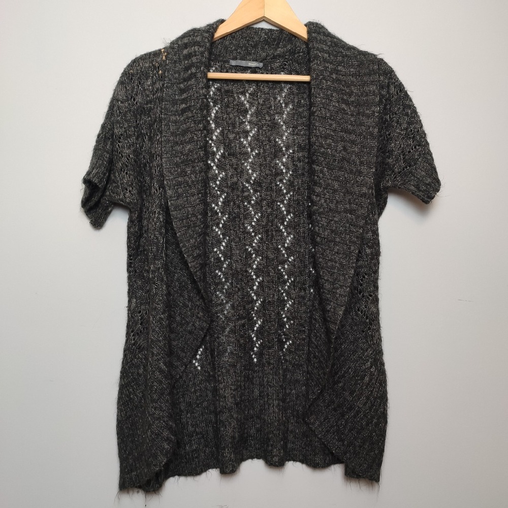 Smart Set Pointelle Knit Open Front Short Sleeve Cardigan Charcoal Gray Size M